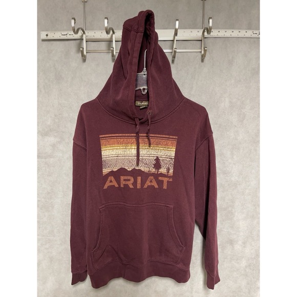 Ariat Hoodie Men M Burgundy Fleece Pullover‎ Drawstring Spell Out Casual Outdoor - Picture 2 of 10